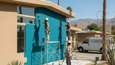 Painter’s crew painting a home exterior in Palm Springs, CA for professional residential painting services