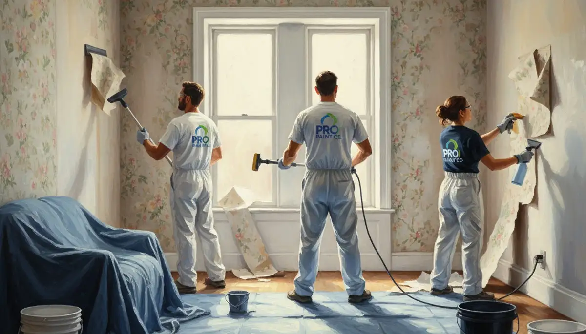 Palm Springs, CA painters removing wallpaper and preparing walls for repainting